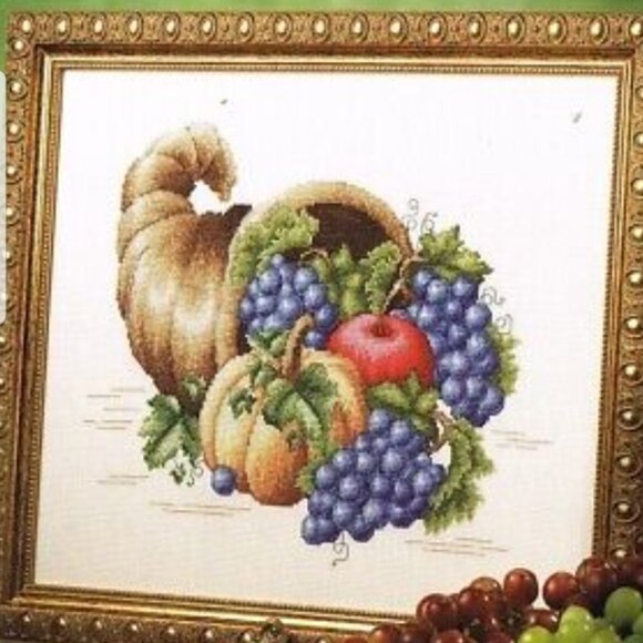 Beautiful Horn Of Plenty Counted Cross Stitch Picture Finished - 10" x 12"